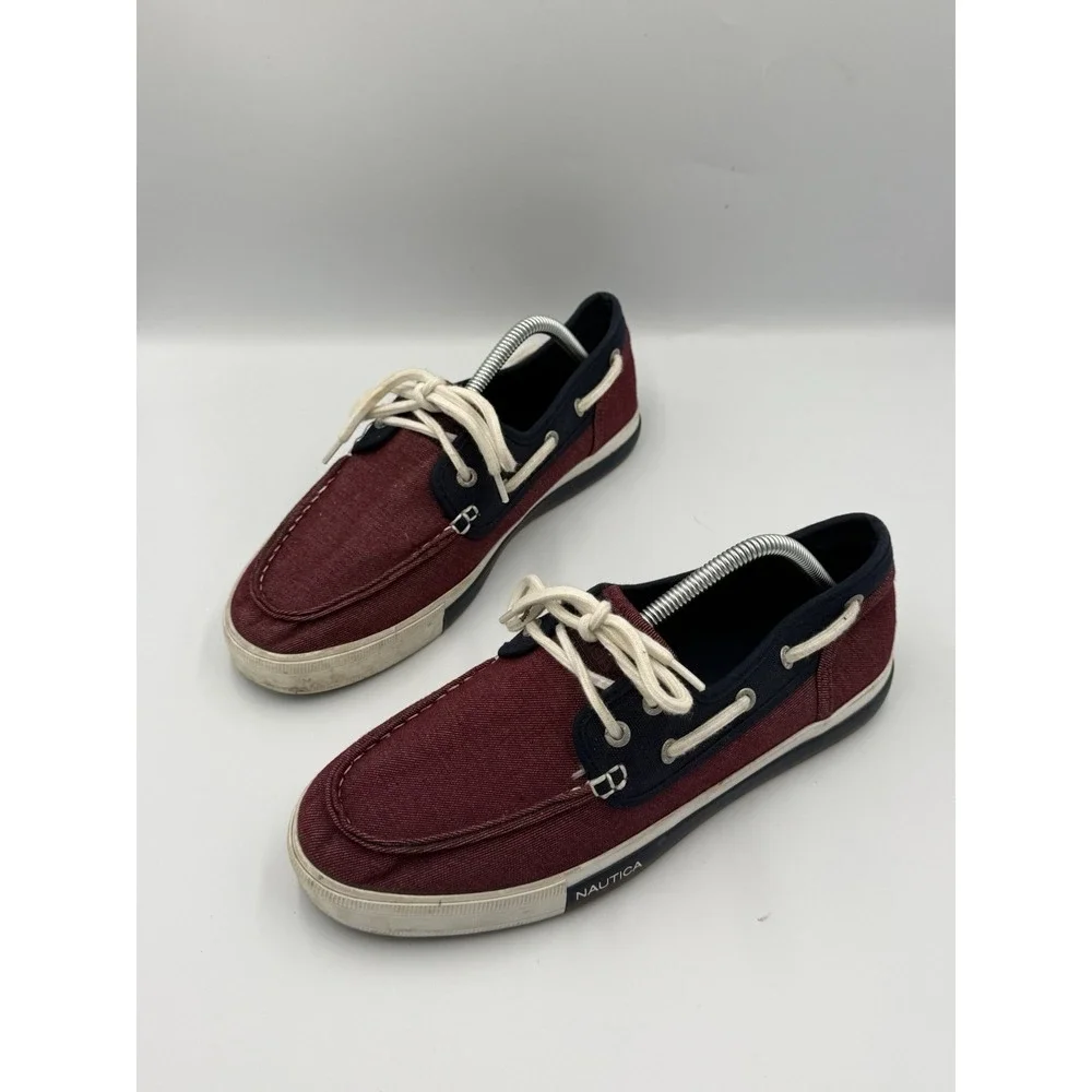 Nautica Spinnaker Casual 2-Eye Boat Sneakers Shoes Mens 9.5 Maroon Blue Lace Up